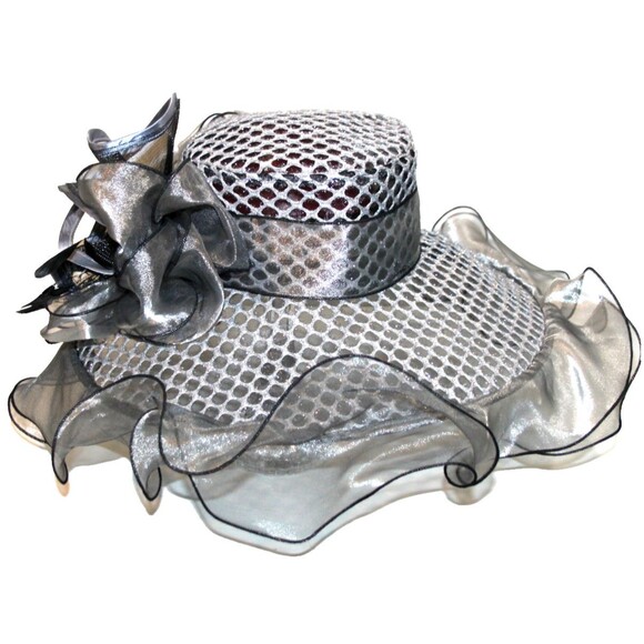 Womens Kentucky Derby Church Dress Hat Wide Brim Black Silver Tea Party Wedding main image 7
